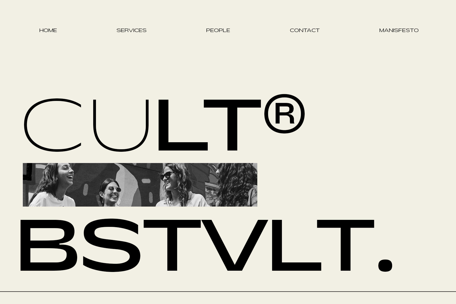Minimalist website header with CULT BSTVLT logo, navigation menu, candid photo strip of people laughing