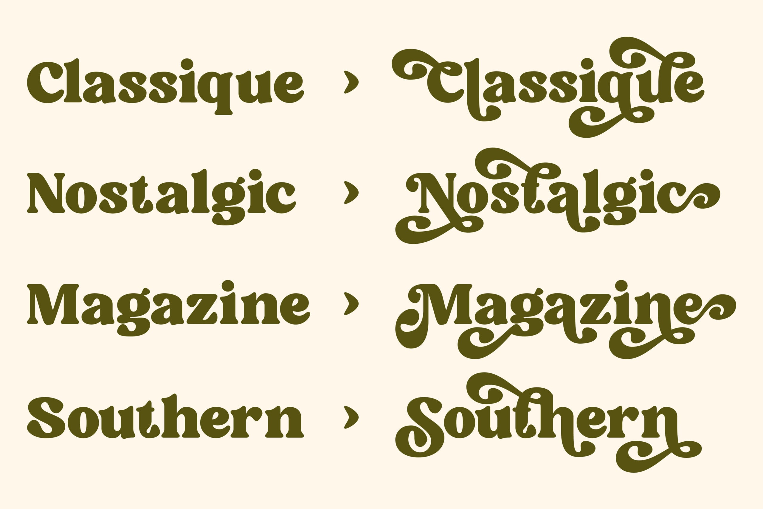 Font variations showing decorative swashes with Classique Nostalgic Magazine Southern