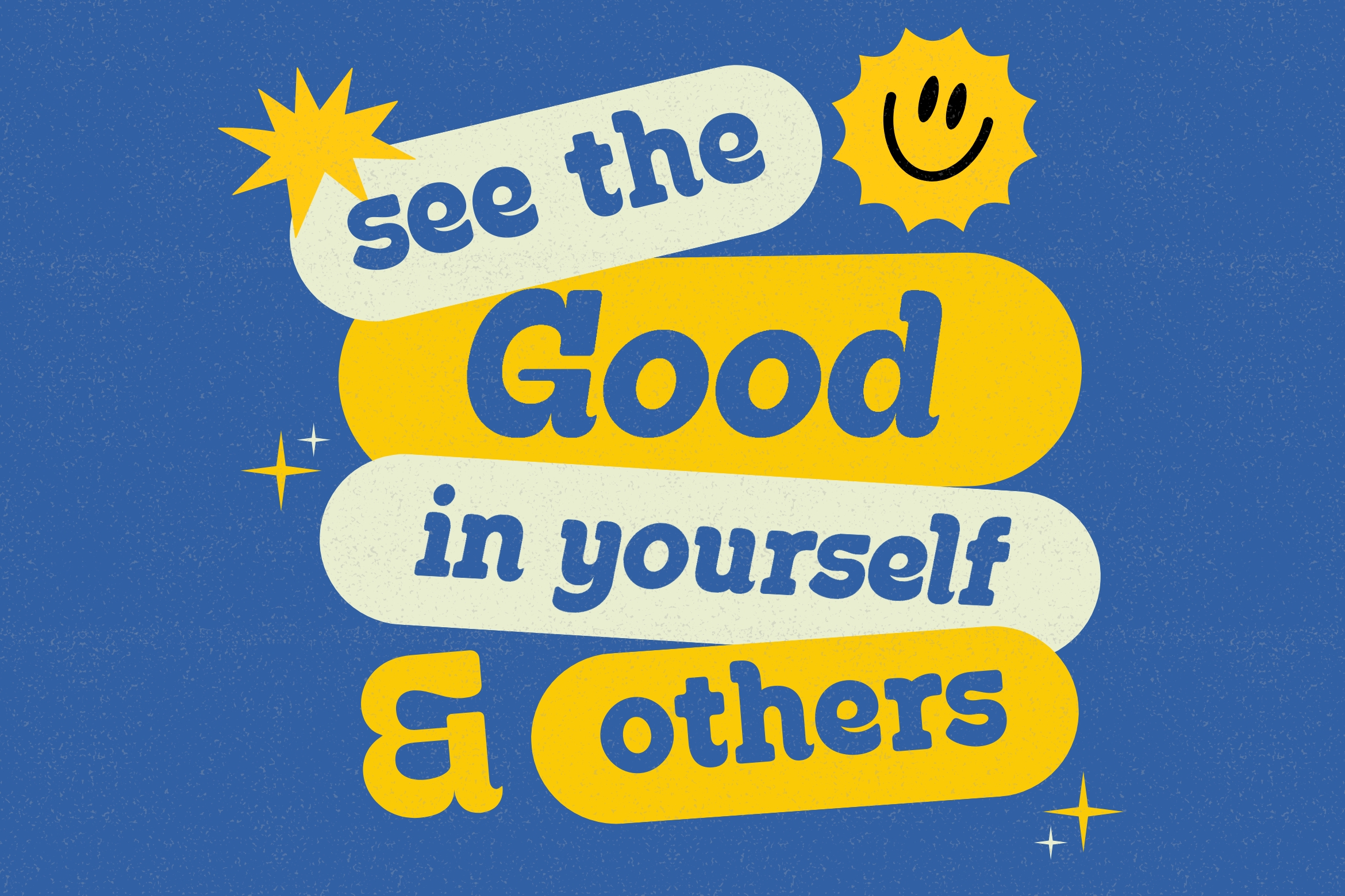 Bright blue background with layered yellow pills containing blue motivational text