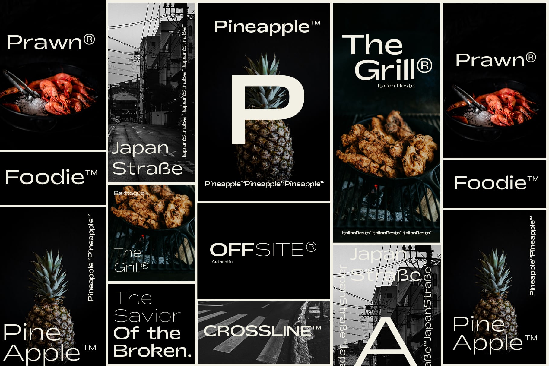 Grid of branded food restaurant mockups showing Prawn, Foodie, Japan Strabe, Pineapple, Grill, Offsite, Savior of the Broken, Crossline in black, white orange