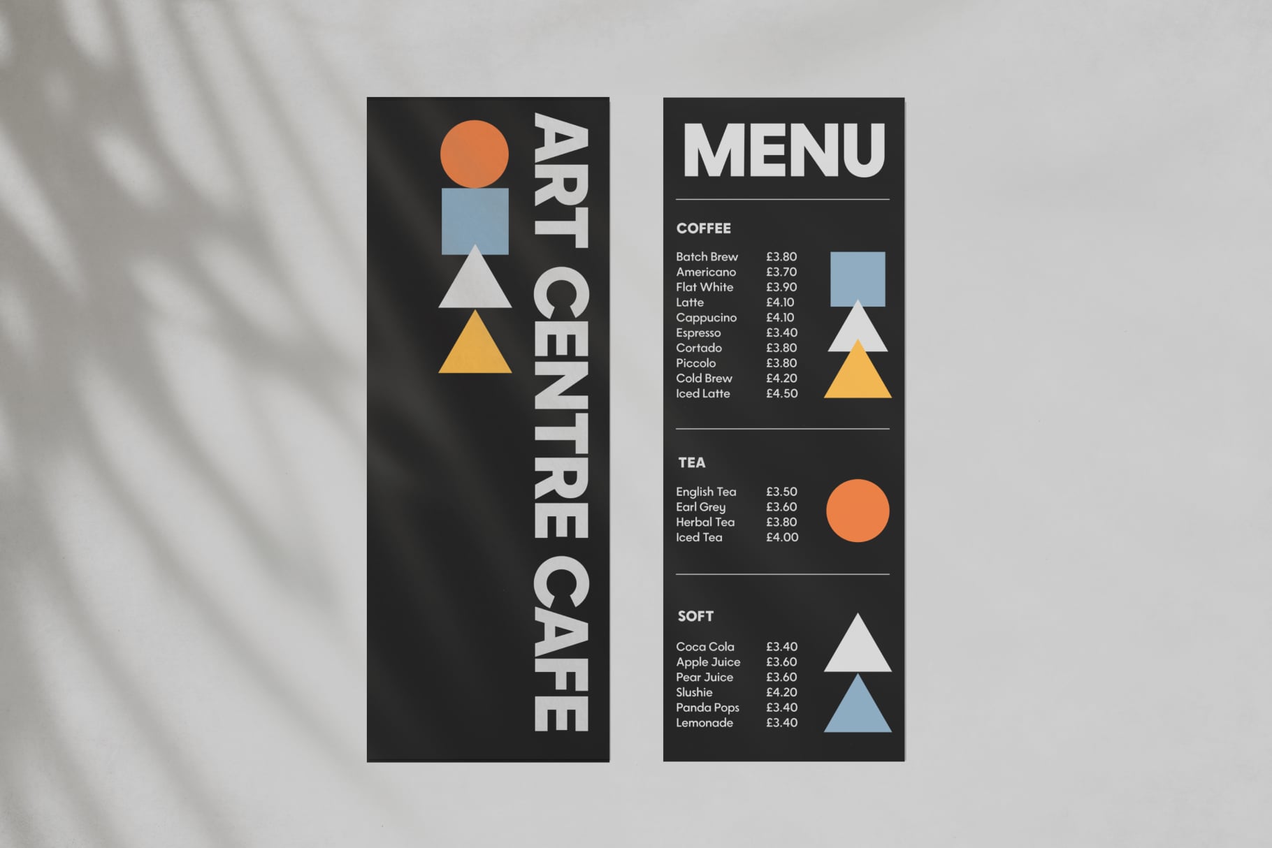 Café menu design with geometric shapes, coffee prices, drink selections