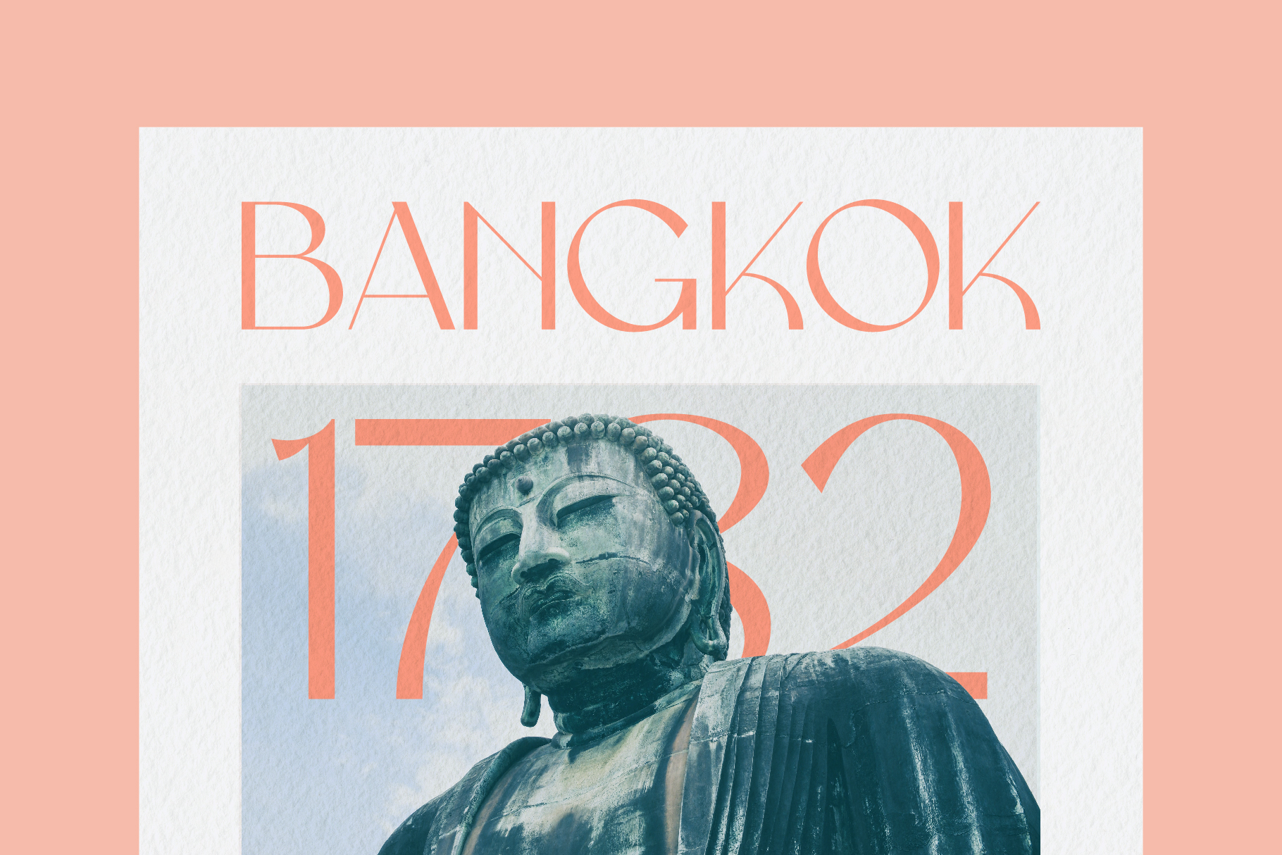 Bangkok travel poster with Buddha statue, coral text overlaying teal paper texture