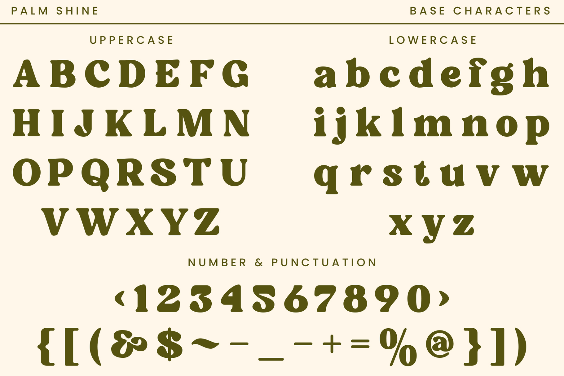 Font specimen sheet showing uppercase lowercase numbers punctuation in olive green
