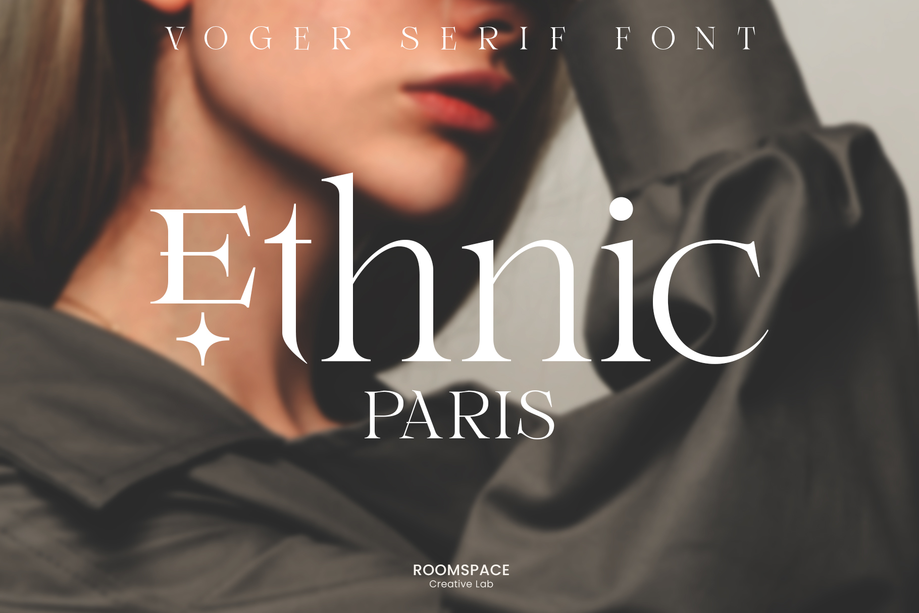Voger Serif Font text overlay on blurred portrait photography background