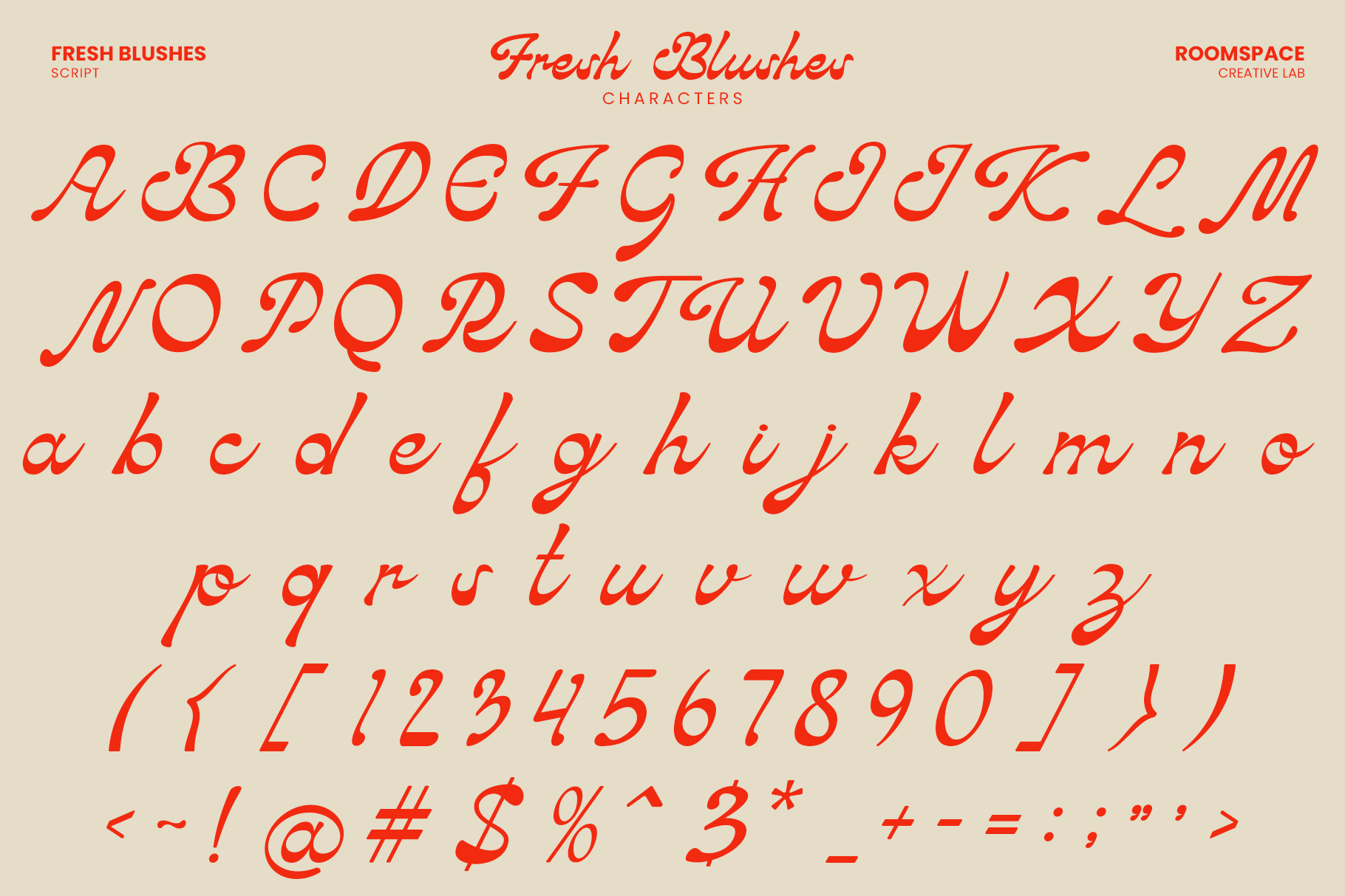 Fresh Blushes script font character set in red with full alphabet numbers