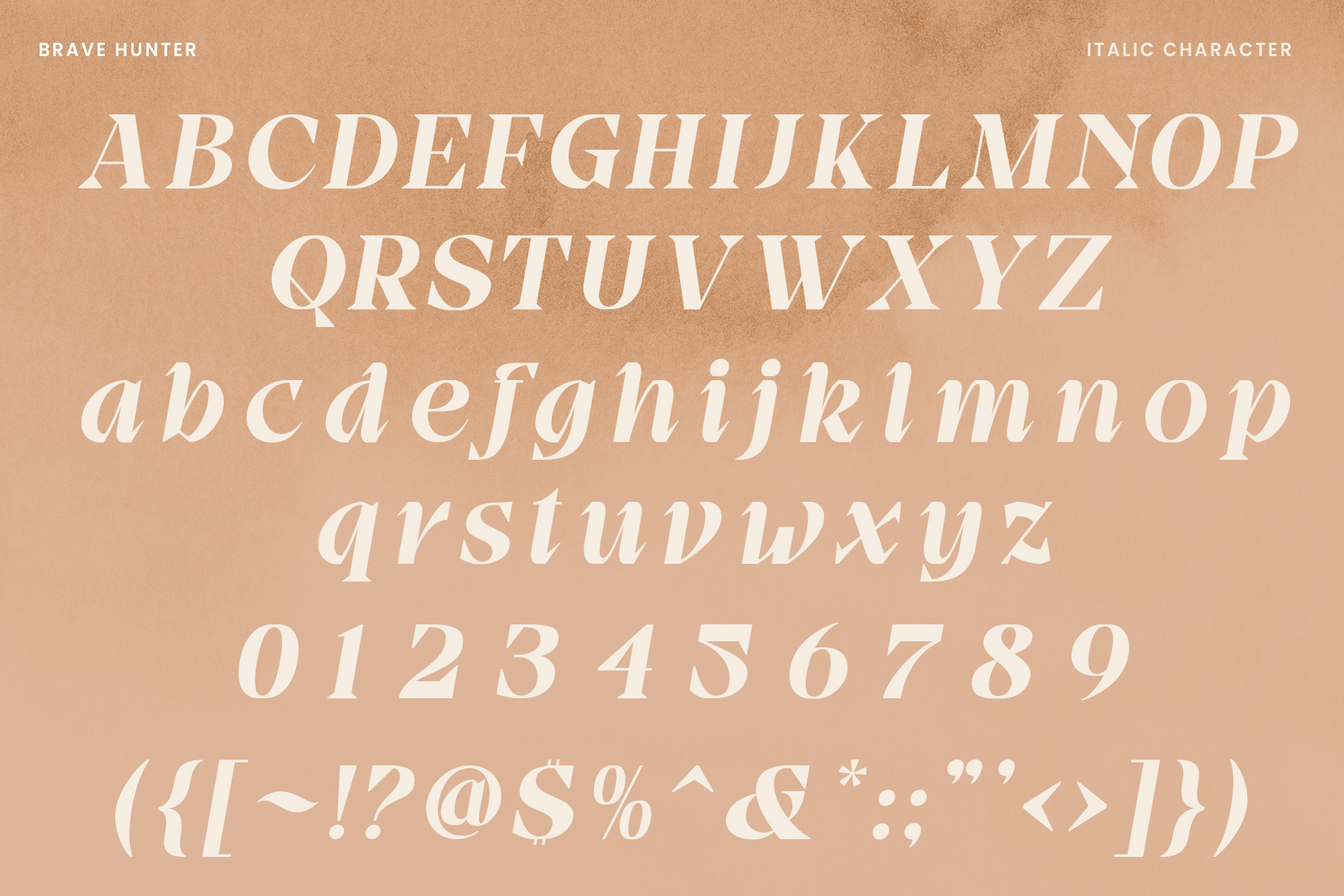 Brave Hunter italic serif typeface displaying full character set with letters, numbers, symbols