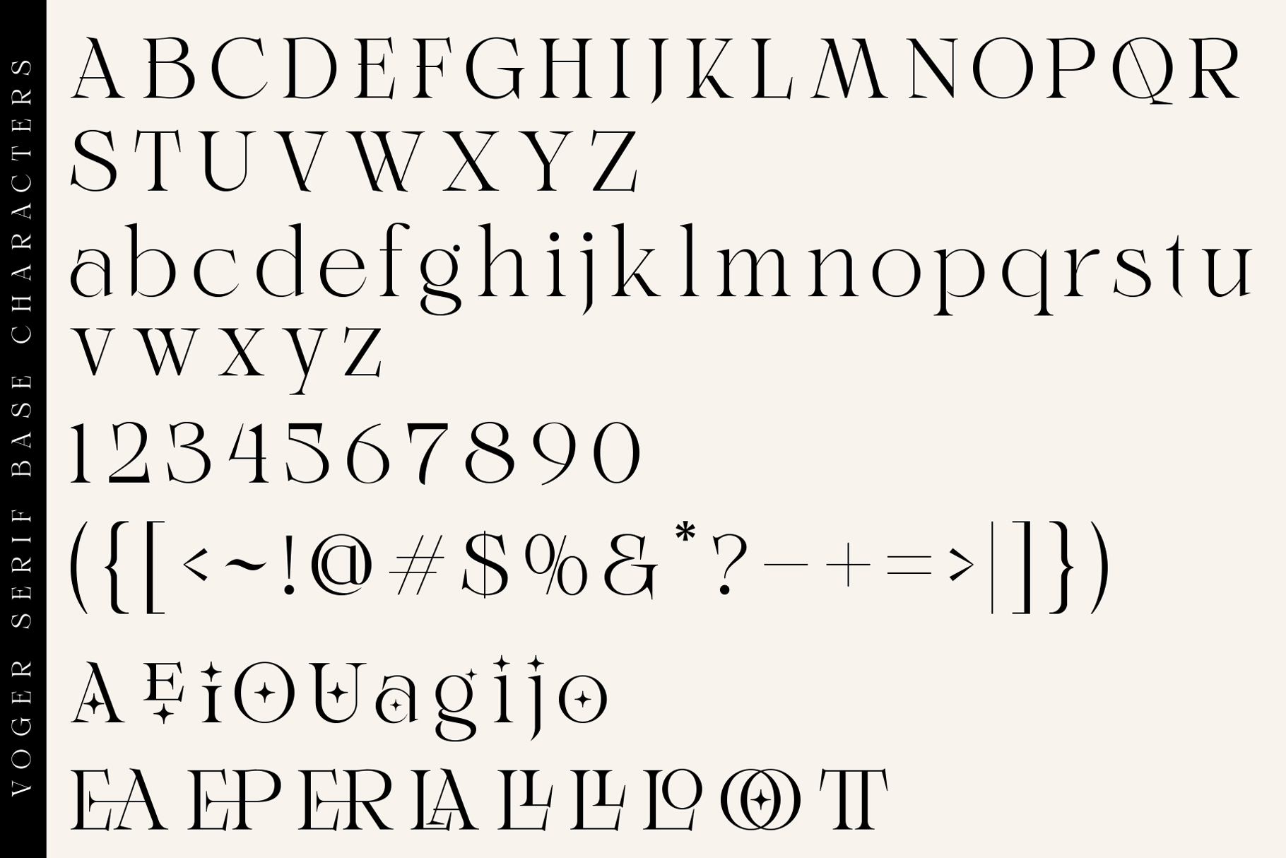 Voger Serif character set showing uppercase, lowercase, numbers, symbols