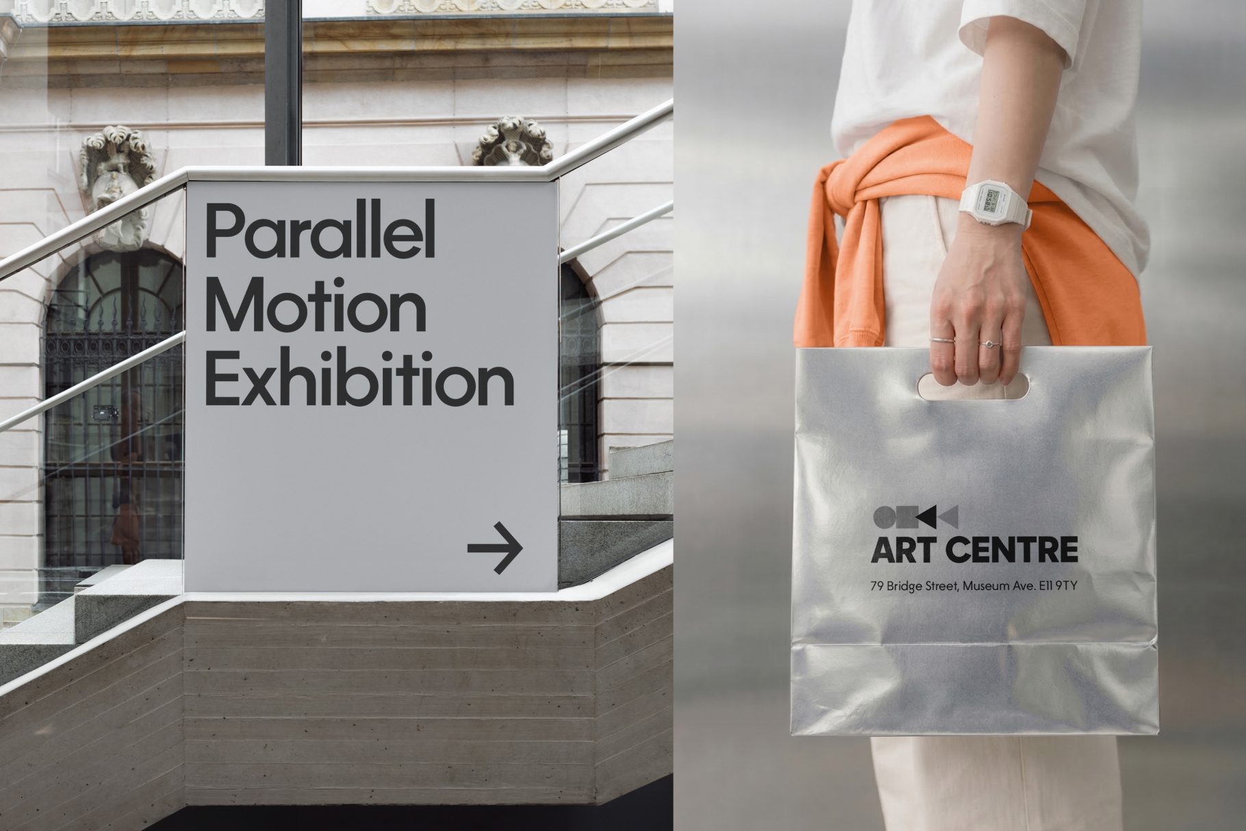 Art centre branding mockup with signage, tote bag, calendar event poster