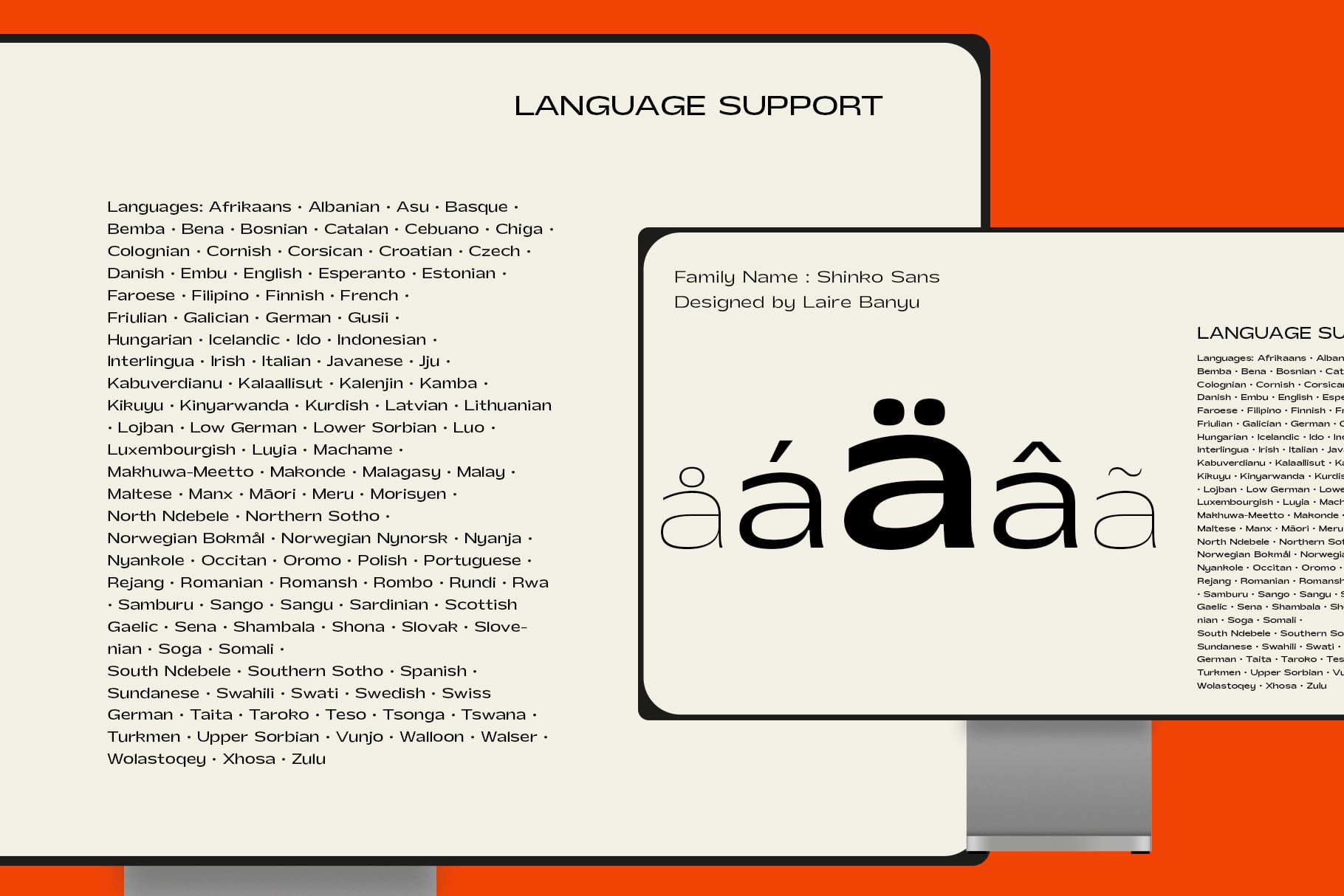 Shinko Sans language support documentation showing 90+ supported languages