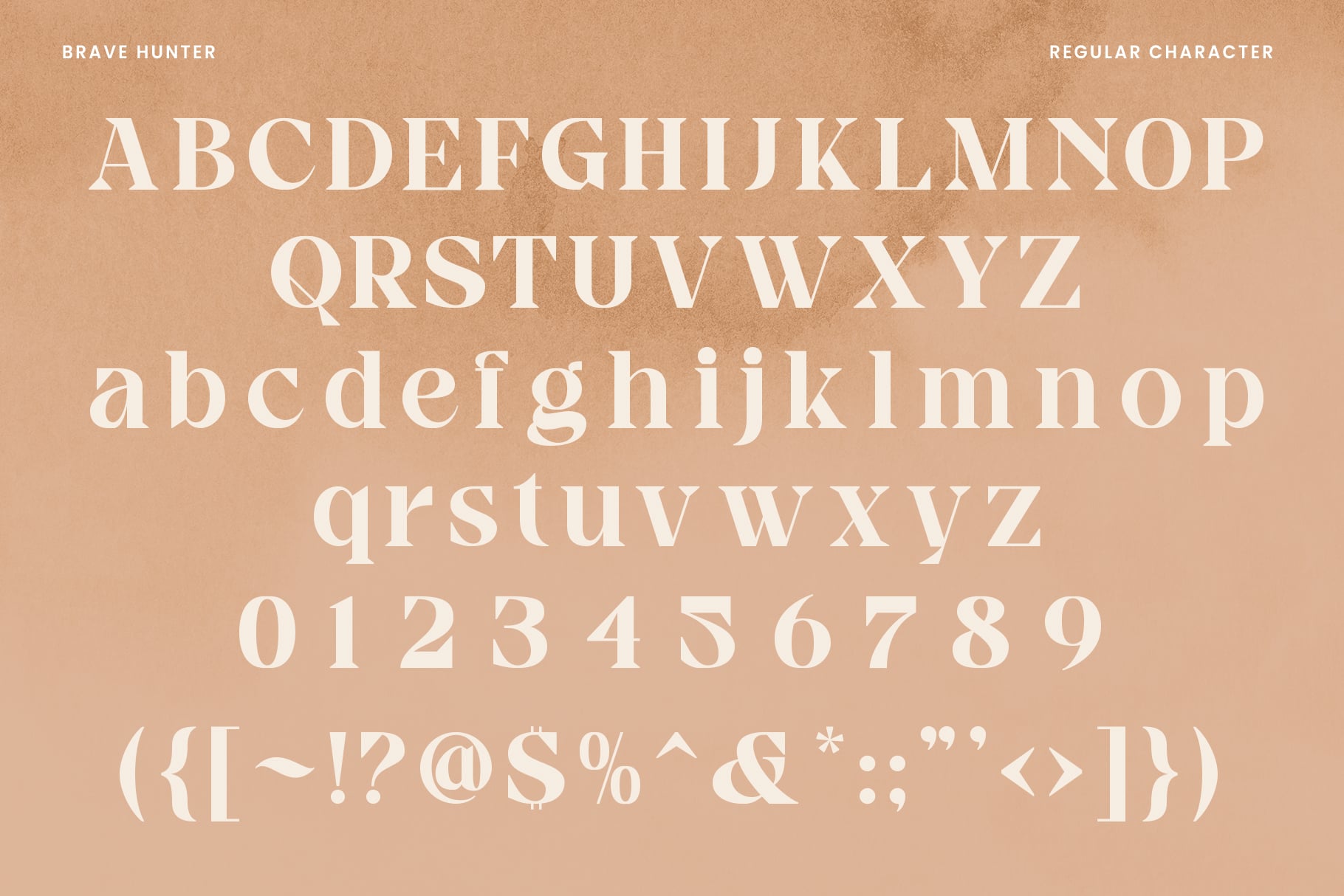 Brave Hunter serif font showing uppercase, lowercase, numbers, punctuation on tan background