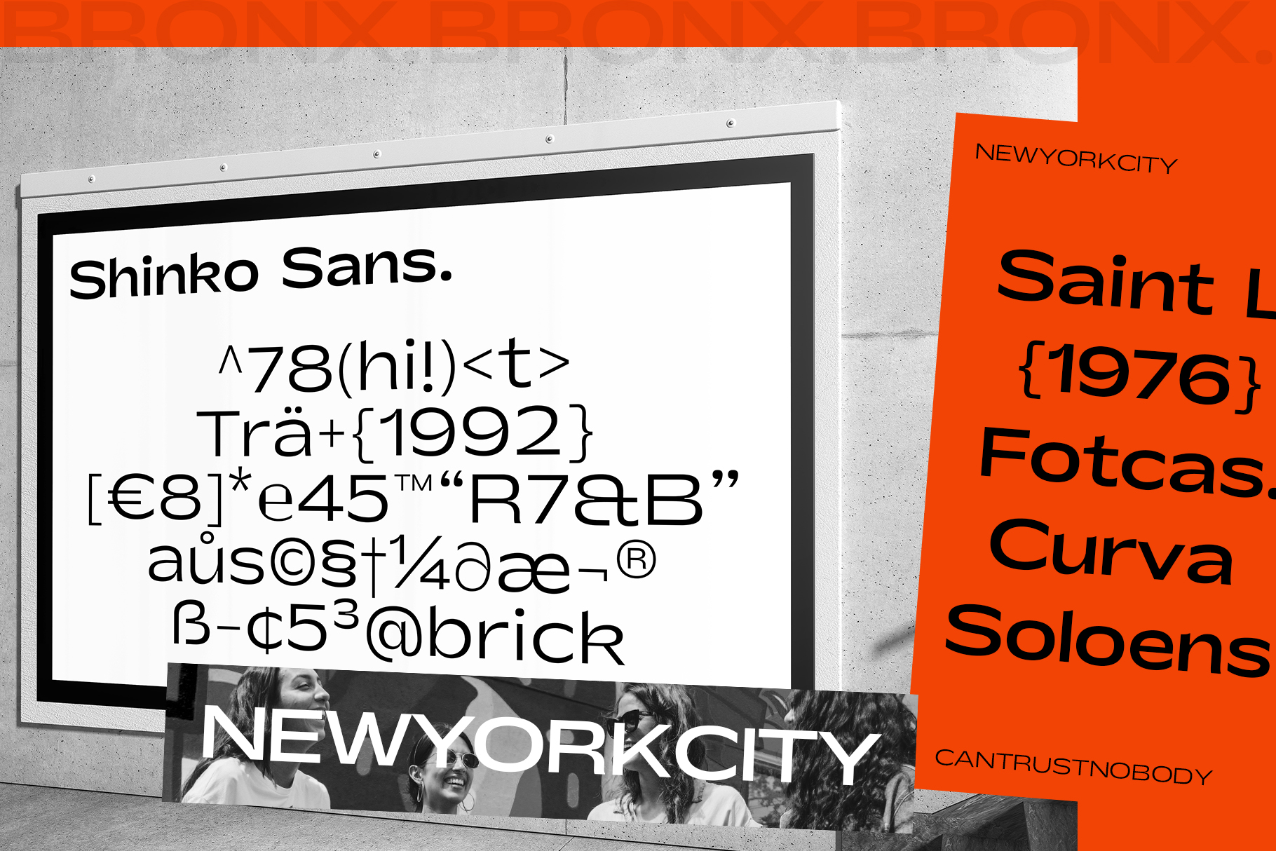 Shinko Sans font mockup on billboard with orange branding panels, NYC setting