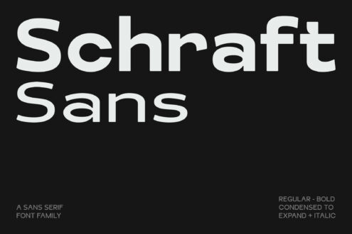 Schraff Sans typeface name in large white letters on black background