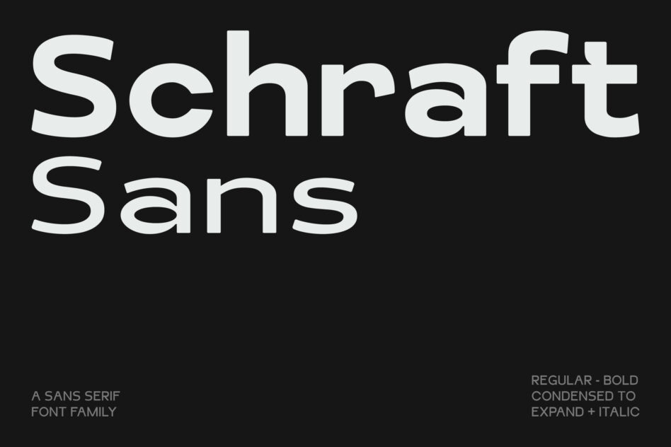 Schraff Sans typeface name in large white letters on black background