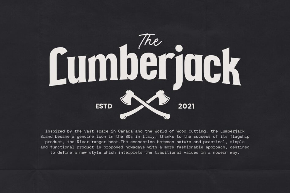 Lumberjack vintage logo with crossed axes, established 2021 text on dark background