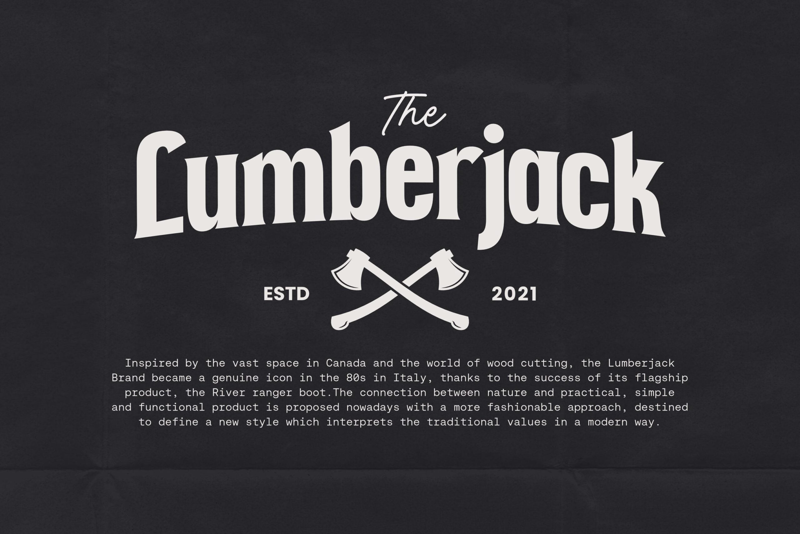Lumberjack vintage logo with crossed axes, established 2021 text on dark background