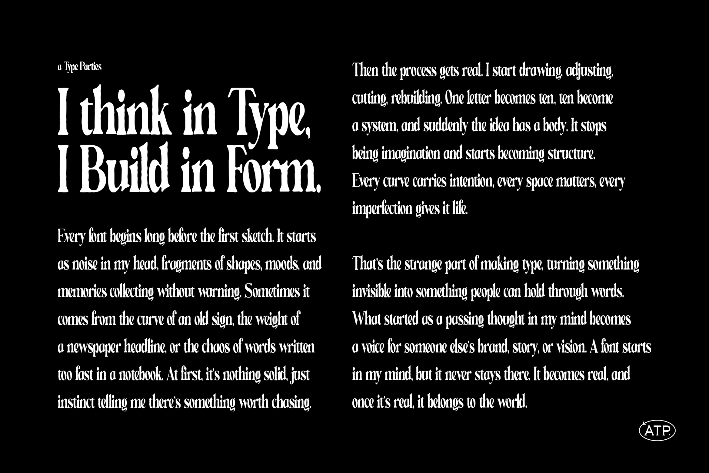 Type design essay layout with bold serif headlines over extended body text