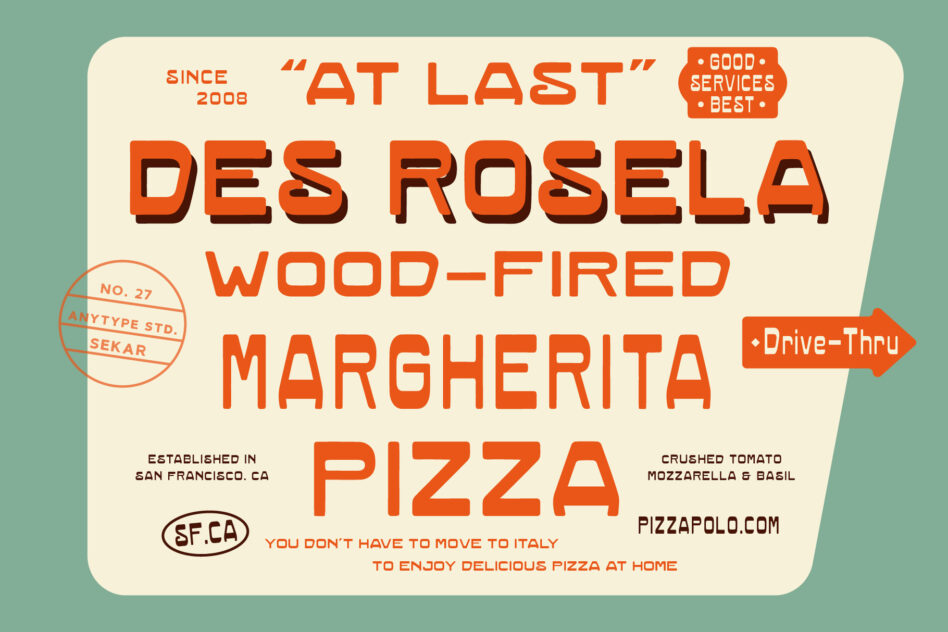 Retro pizza shop poster mockup with bold orange lettering on cream background