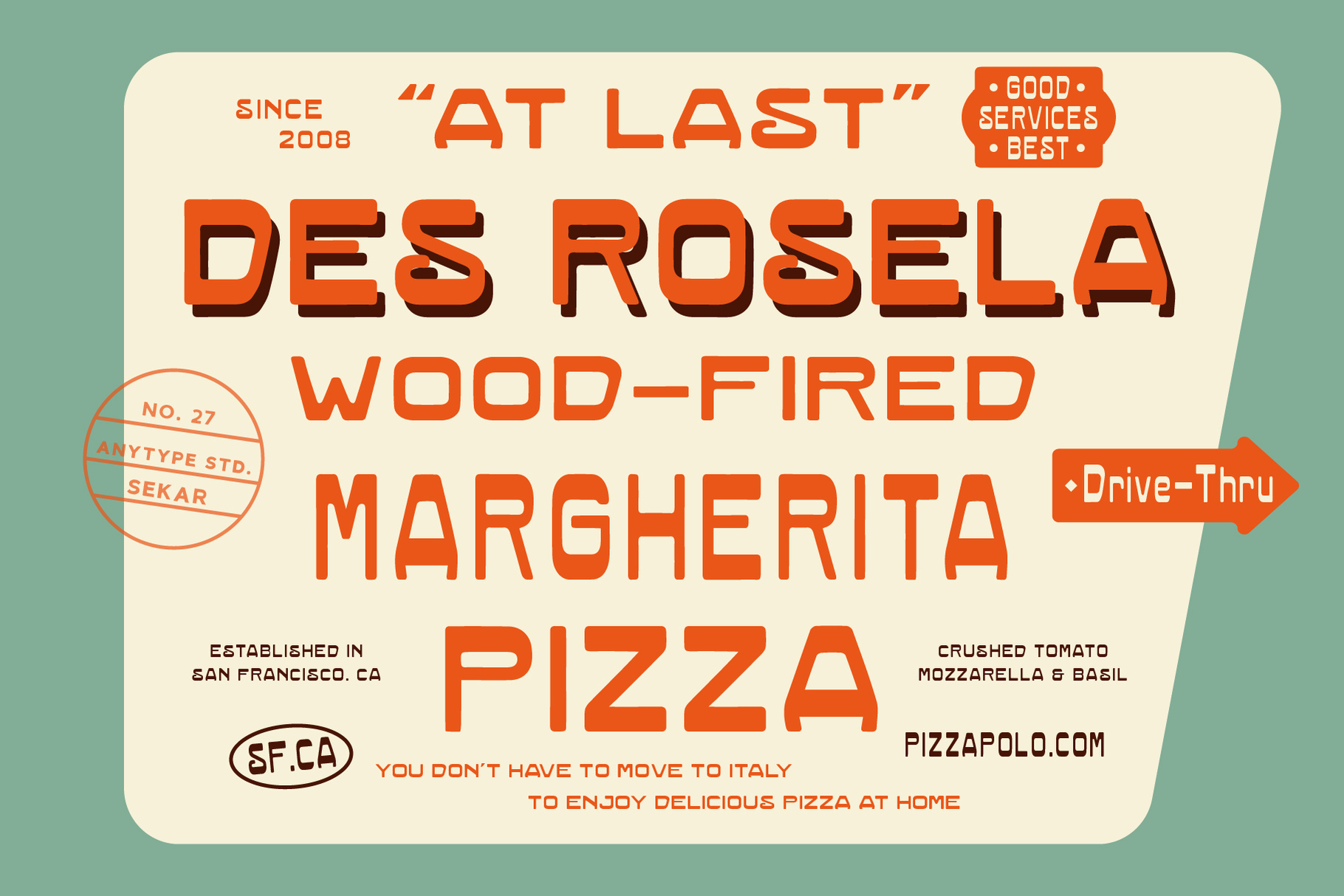 Retro pizza shop poster mockup with bold orange lettering on cream background