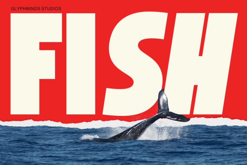 Fish typography mockup with whale tail emerging from ocean waves on red