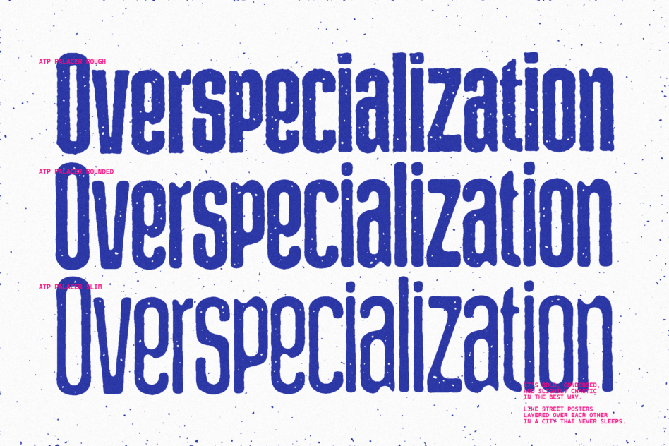 Overspezialization typeface in bold blue letters with pink labels