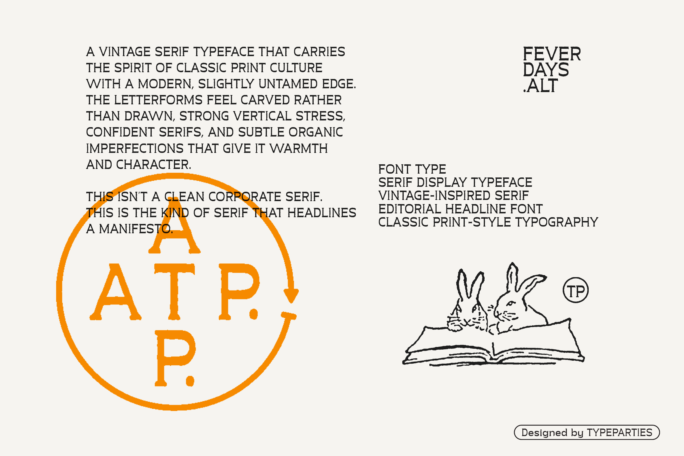 Vintage serif typeface description with orange circle highlighting ATP logo over book illustration