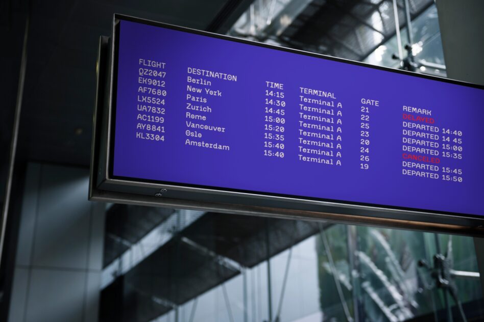 Airport departure board displaying flight numbers, destinations, times, gates