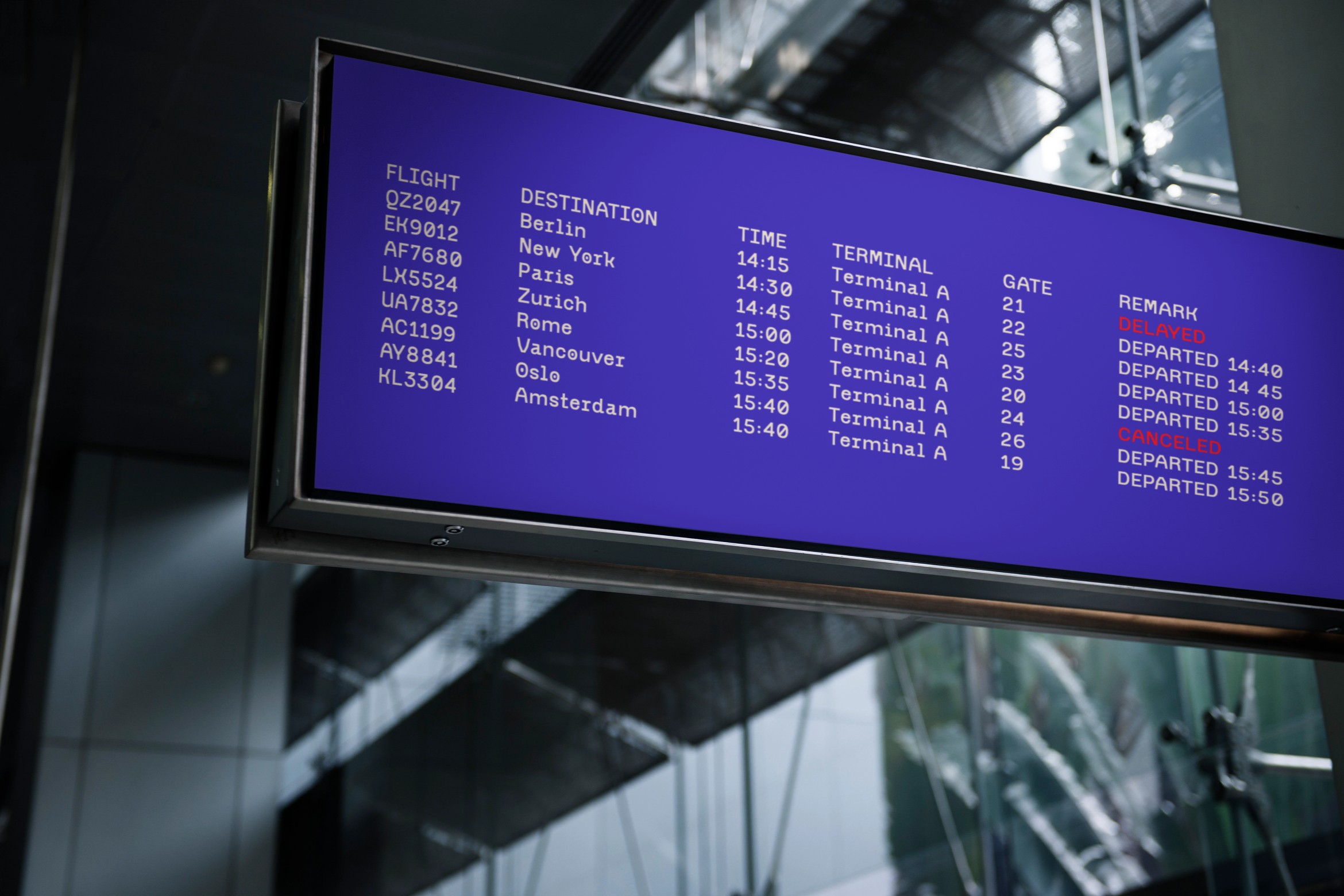 Airport departure board displaying flight numbers, destinations, times, gates