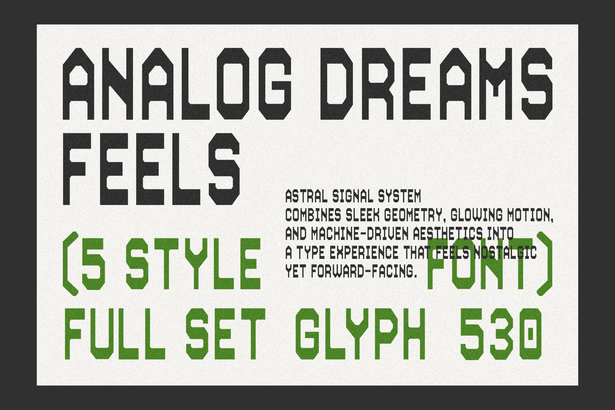Retro geometric font design displaying Analog Dreams Feels with 5 style variations. Ideal for typography projects, offering nostalgic and modern aesthetics.