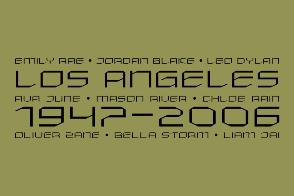 Olive background with bold sans serif text listing LA event details 1942-2006