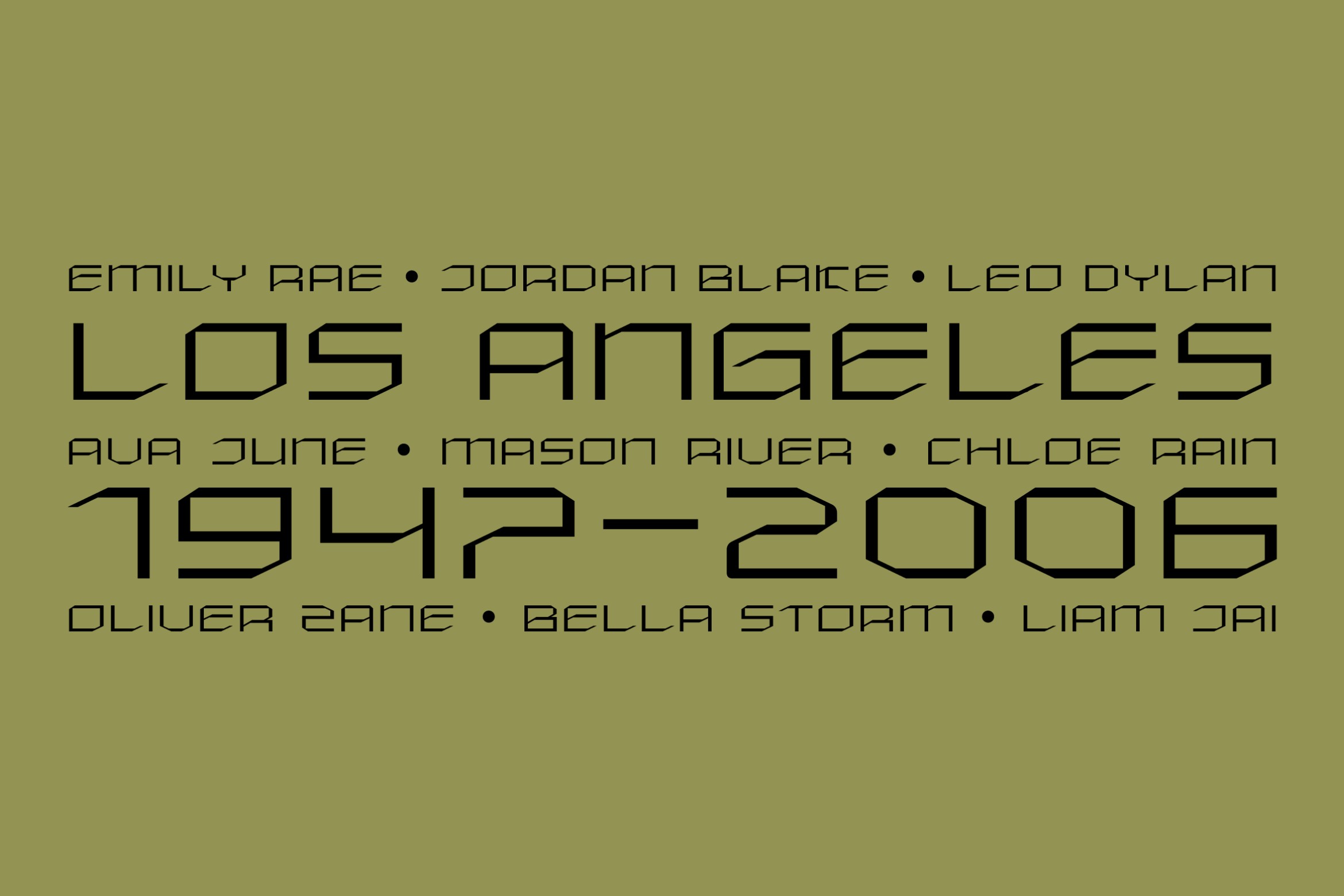 Olive background with bold sans serif text listing LA event details 1942-2006
