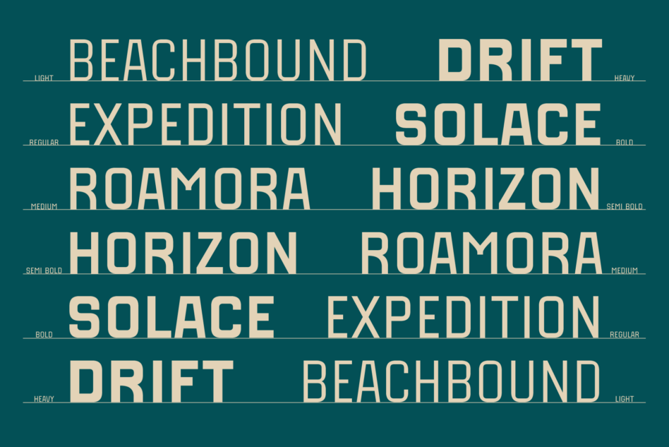 Teal background displaying staggered font names like Beachbound Drift Expedition Solace Horizon with weight labels