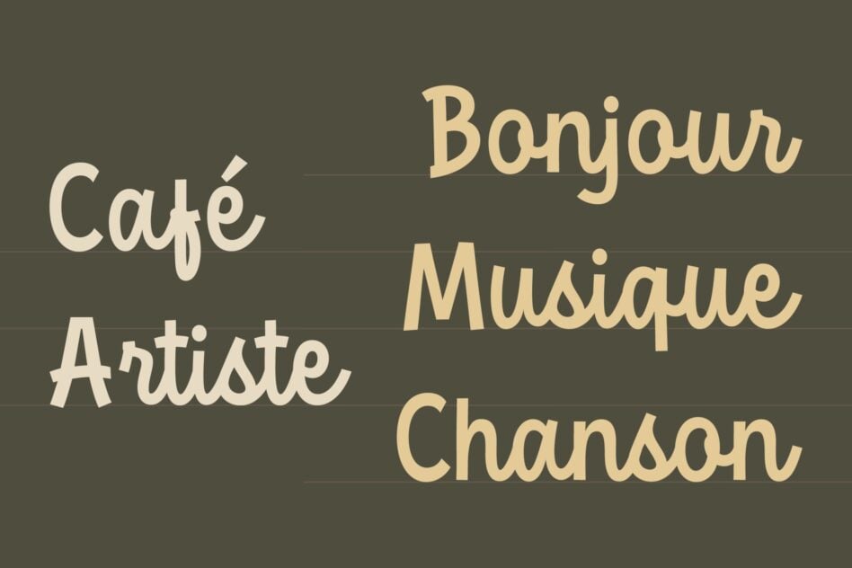 French words Café Artiste Bonjour Musique Chanson in serif font