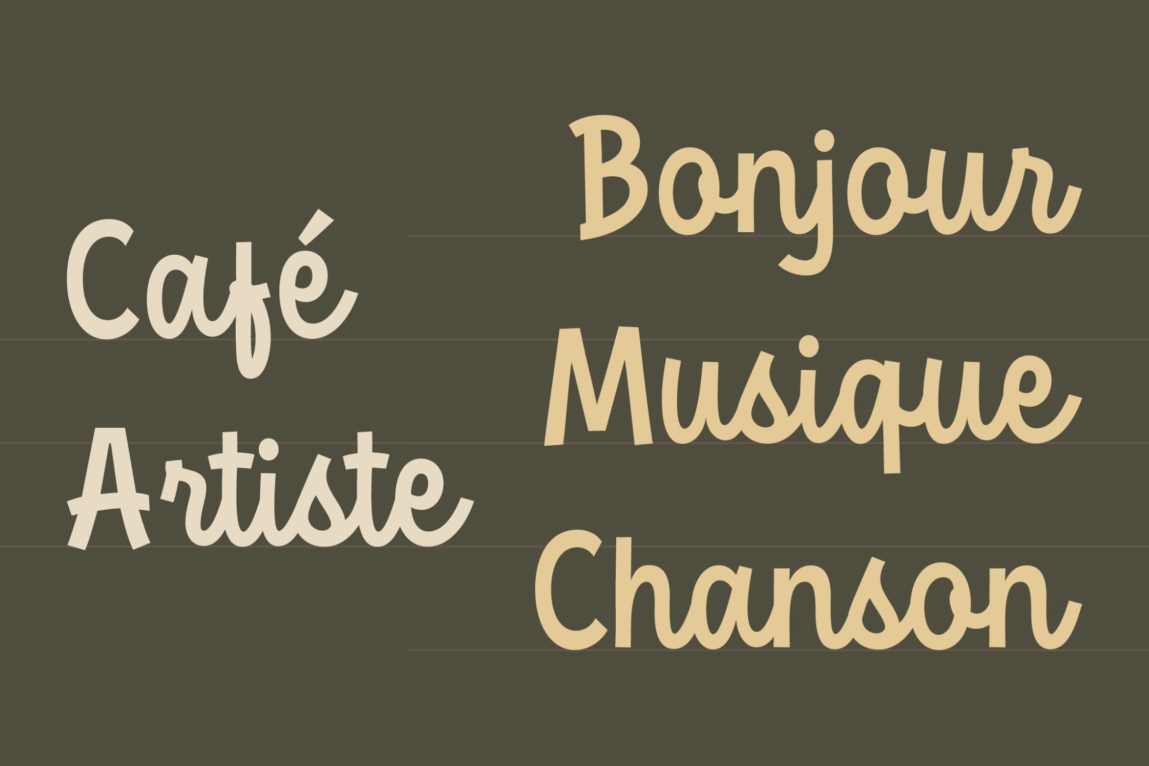 French words Café Artiste Bonjour Musique Chanson in serif font