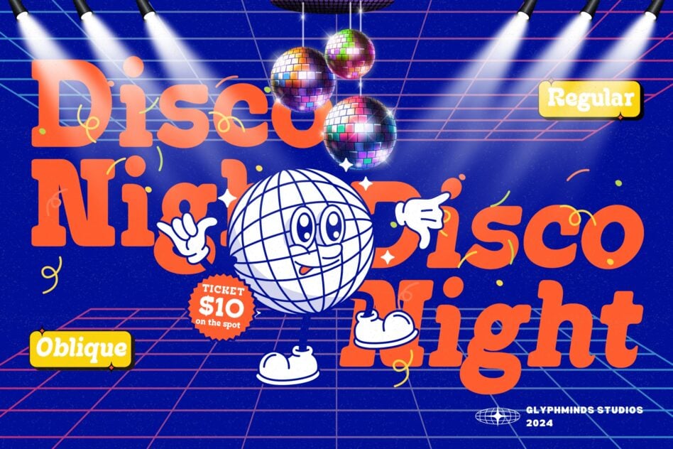 Retro disco night poster with orange text, globe character, disco balls, neon grid