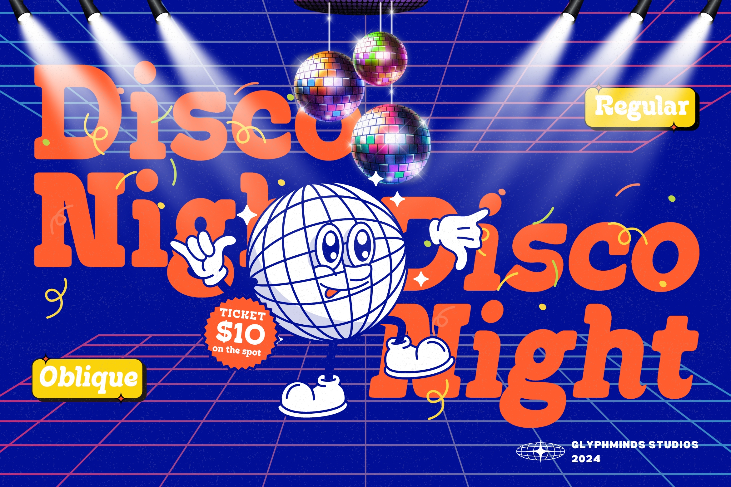 Retro disco night poster with orange text, globe character, disco balls, neon grid