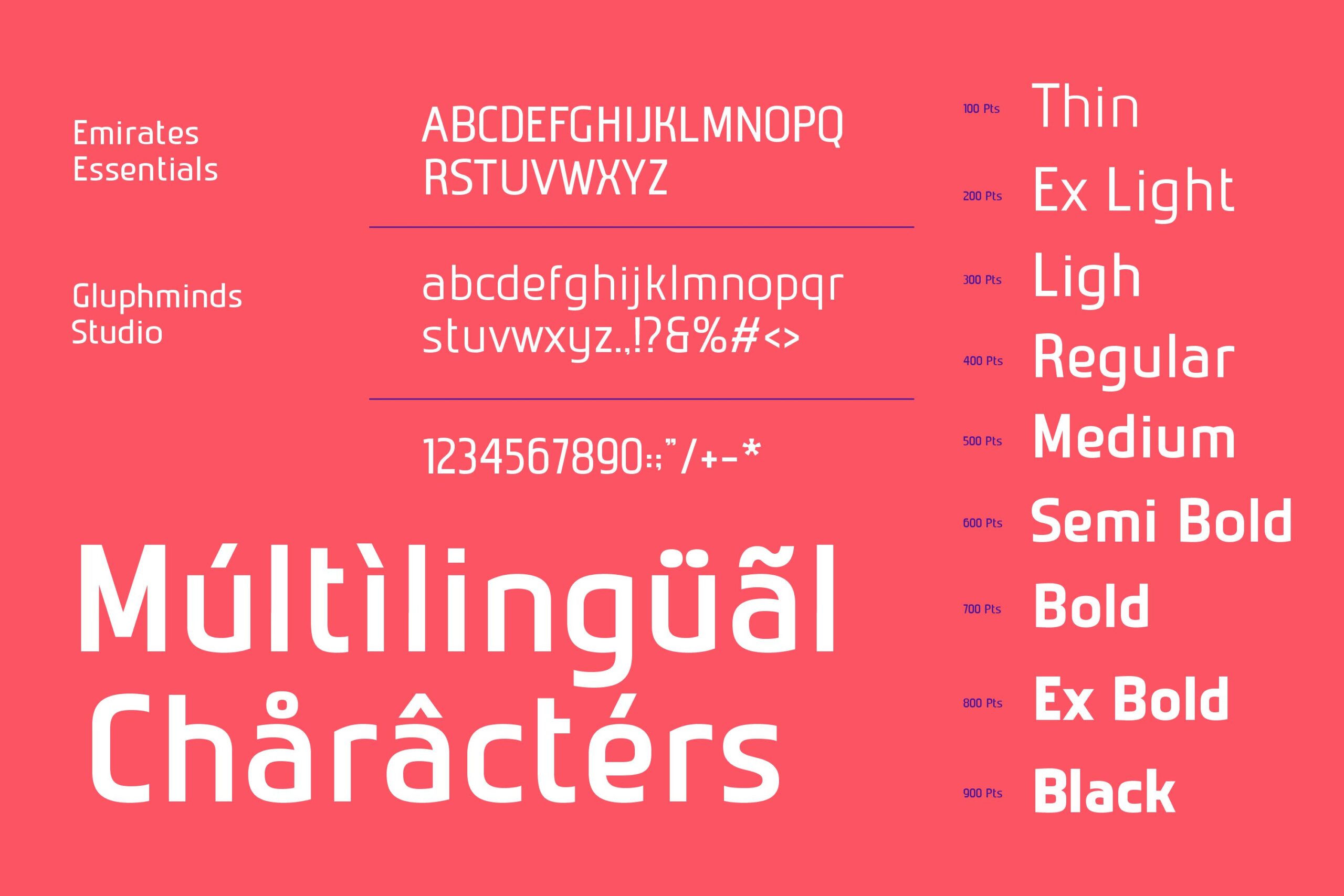 Emirates Essentials multilingual font weights specimen coral background