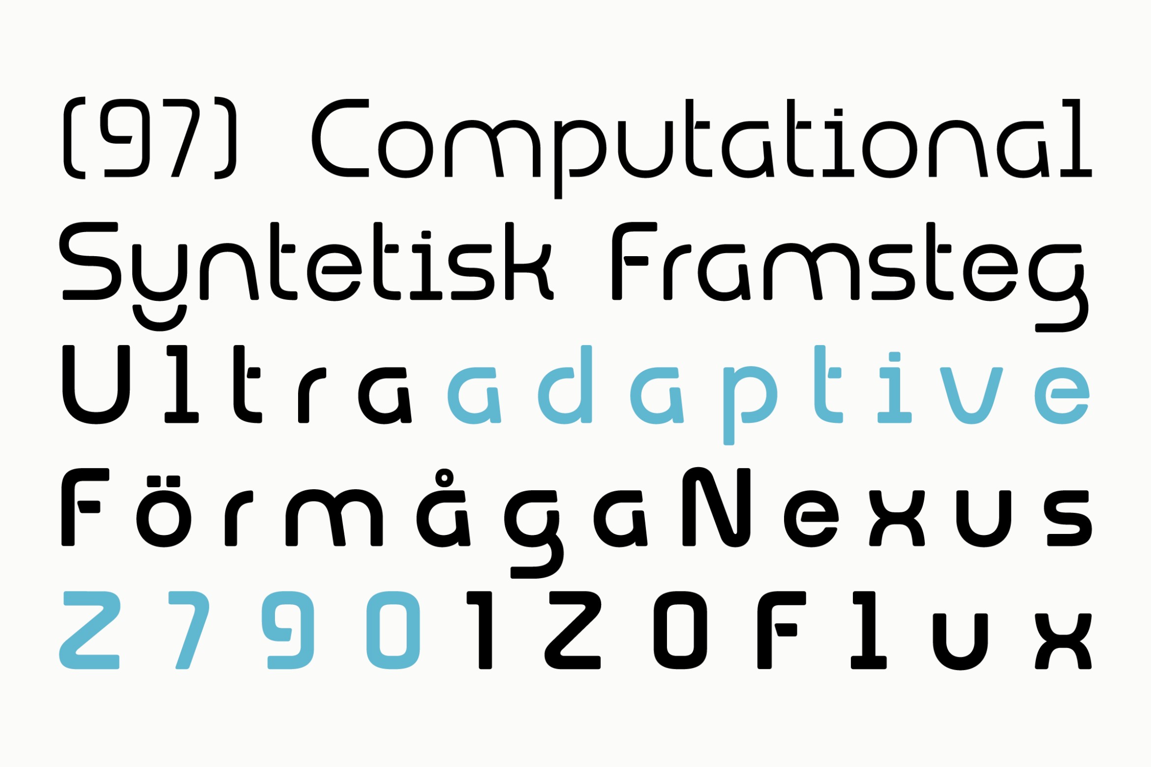 Font specimen showing mixed typeface samples with blue highlighted text on white background