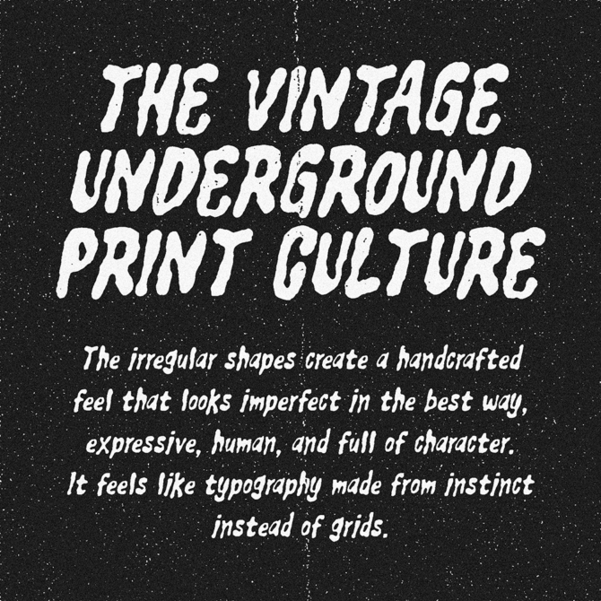 Distressed white handdrawn type on speckled black background with italic descriptive text below