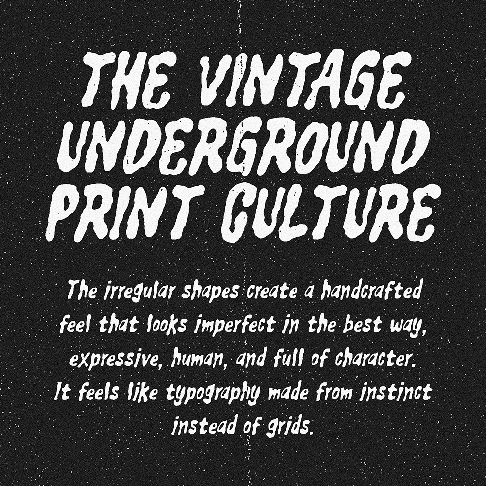 Distressed white handdrawn type on speckled black background with italic descriptive text below