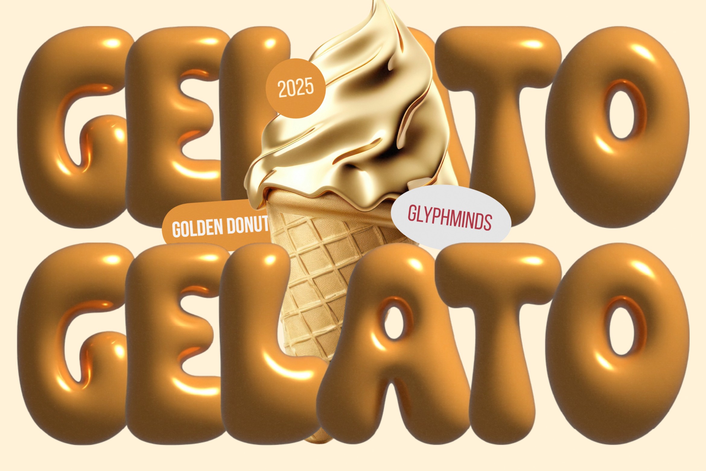 Golden Gelato 2025 glyph font with glossy serif letters beside ice cream cone drip