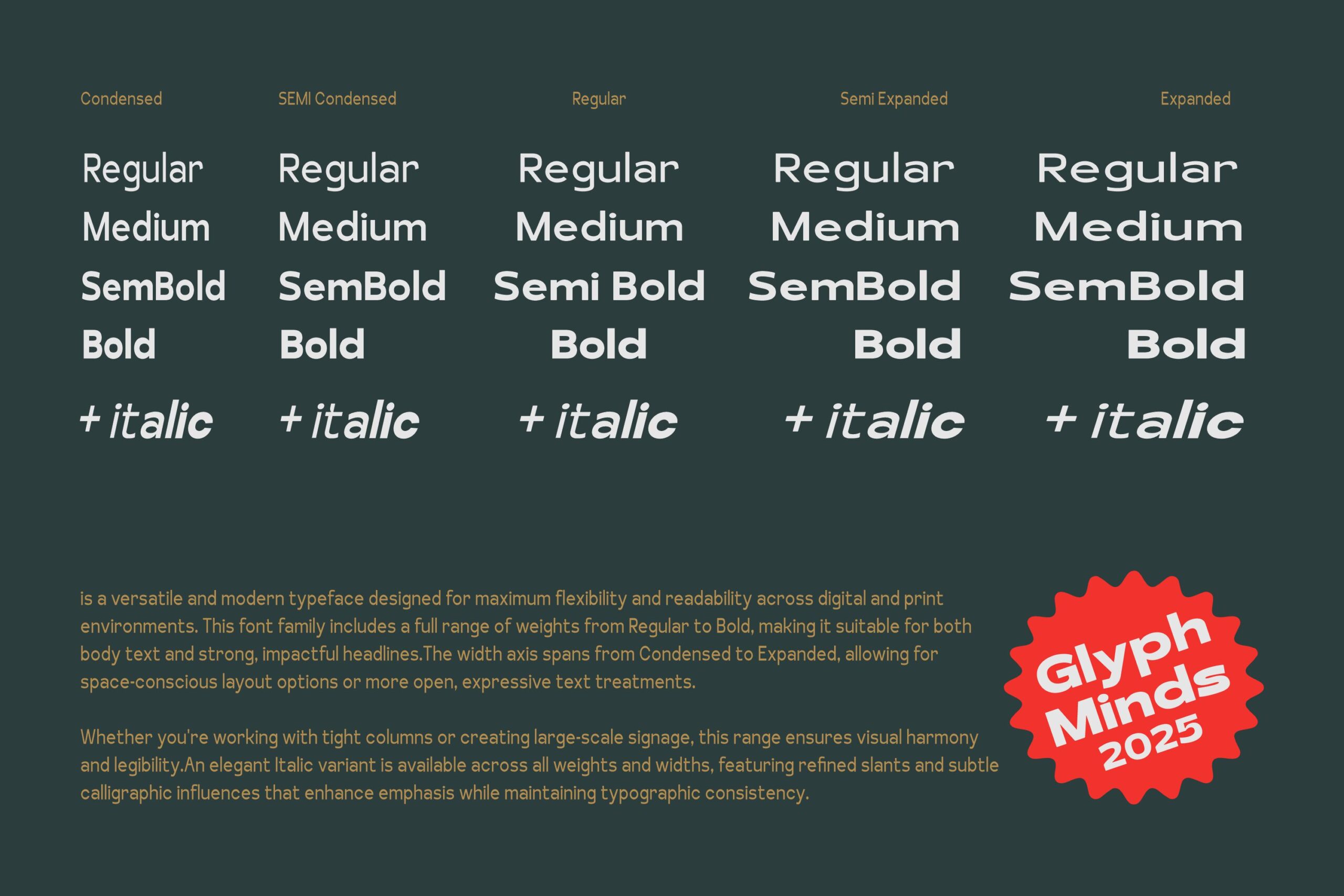 Font family weights display from condensed to expanded with italic options on dark teal