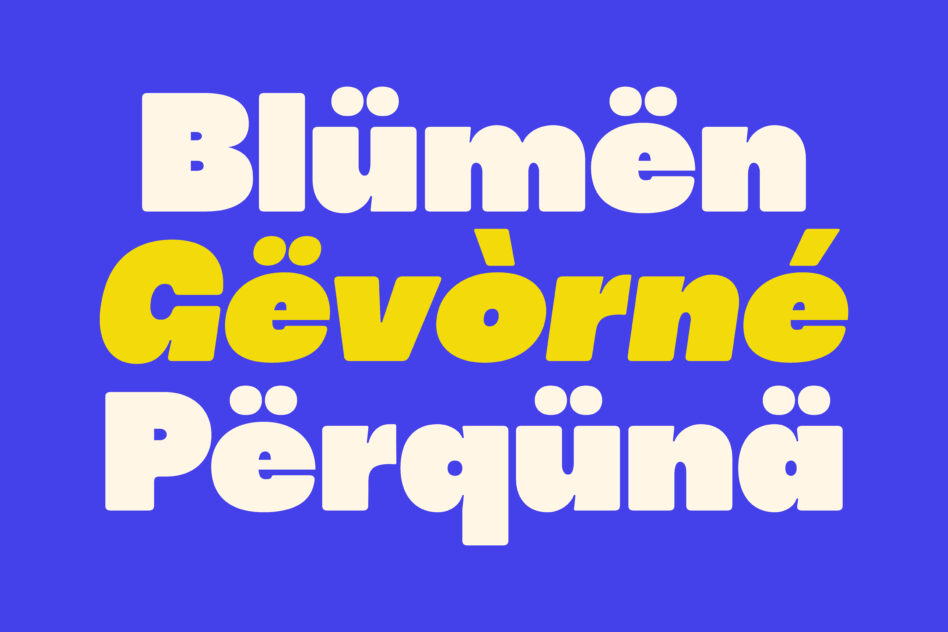 Bold sans-serif font with umlauts in blue and yellow hues for creative projects typography and graphic design compatible with mockups and templates