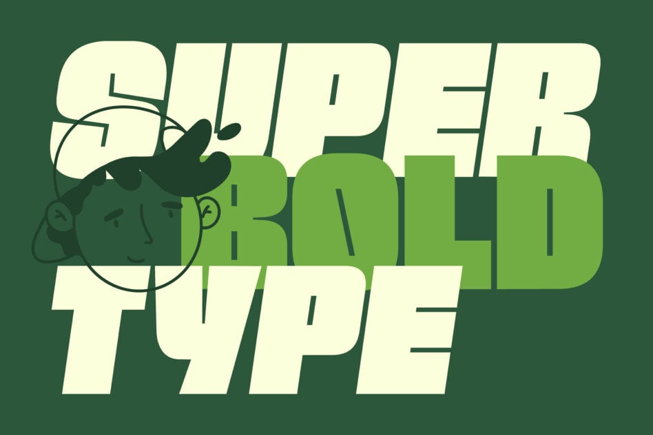 Bold retro font design with a playful cartoon face overlay in green tones. Ideal for graphic design projects, typography templates, and creative fonts.