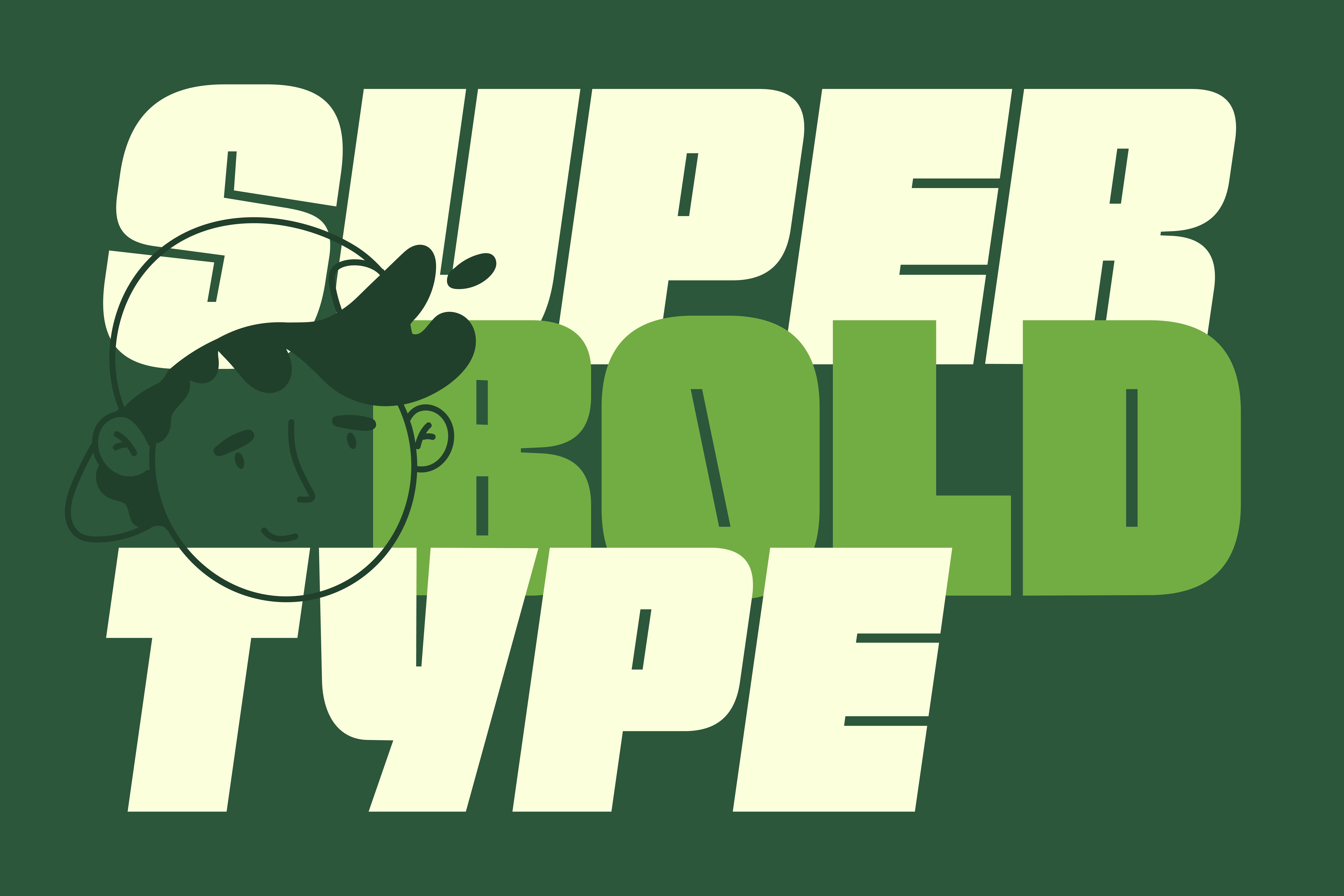 Bold retro font design with a playful cartoon face overlay in green tones. Ideal for graphic design projects, typography templates, and creative fonts.