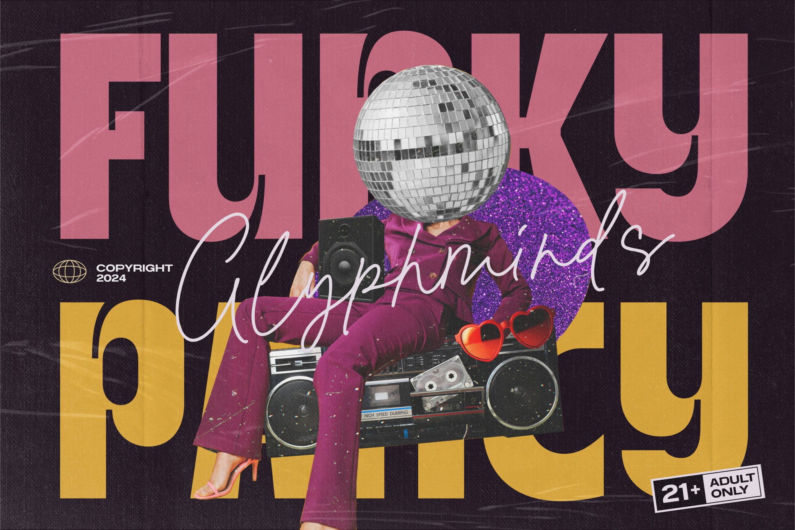 Disco collage with disco ball head, boombox, purple outfit, funky club party vibes