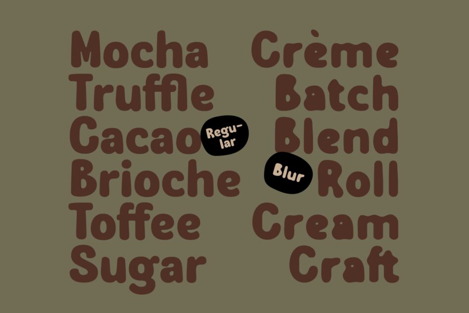 Chunky rounded typeface displaying coffee shop menu items in warm brown tones with blur effect badges