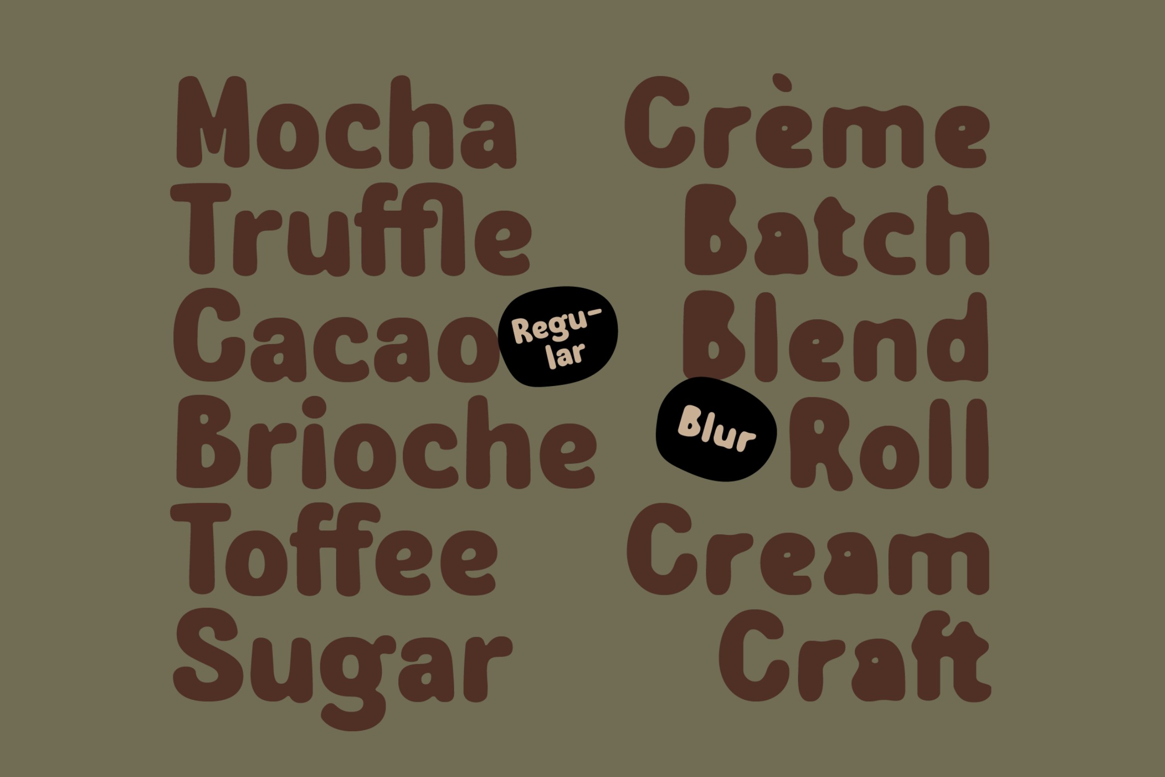Chunky rounded typeface displaying coffee shop menu items in warm brown tones with blur effect badges