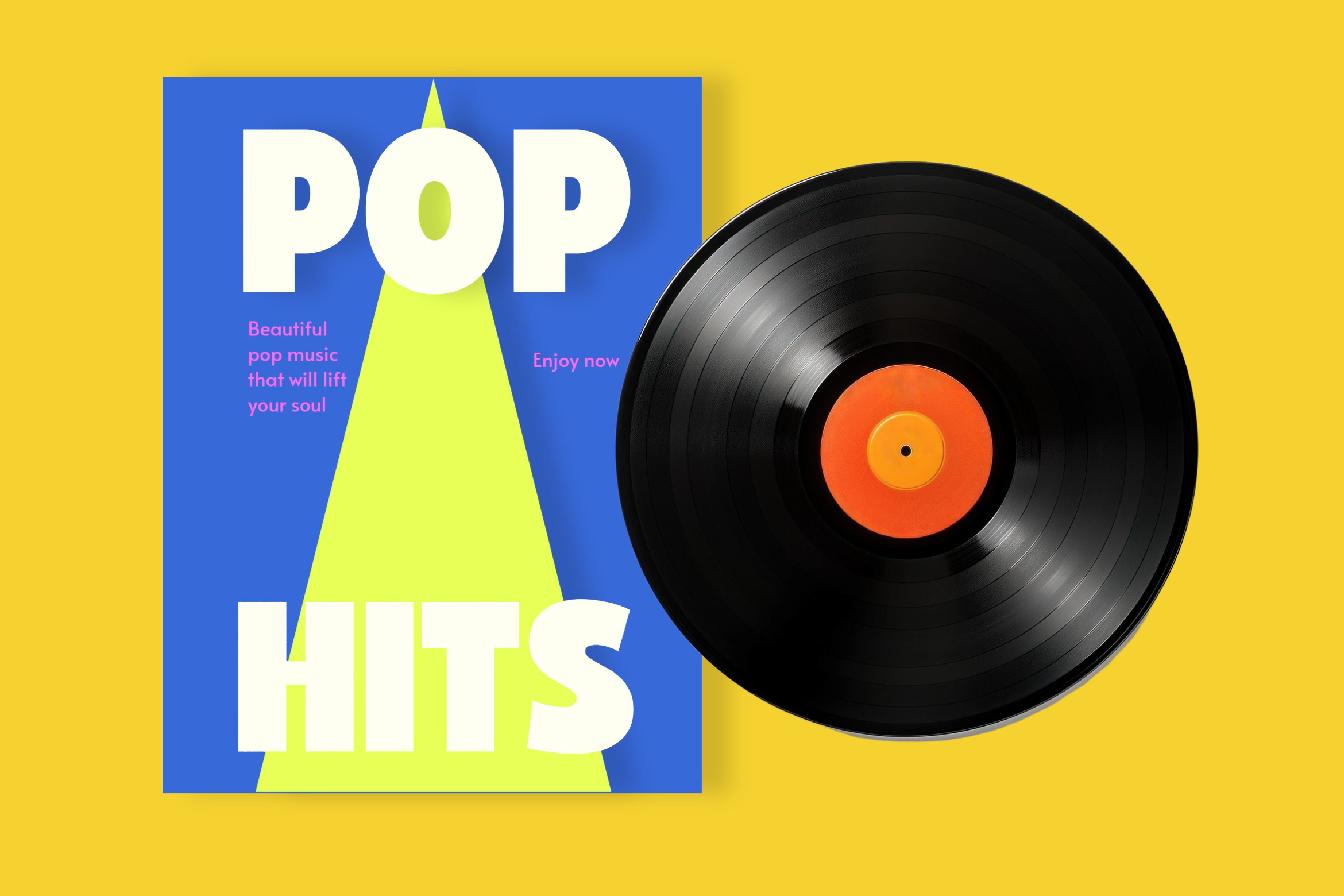 Vinyl record mockup featuring a vibrant pop hits cover design with bold typography and bright colors ideal for music-related graphic projects.
