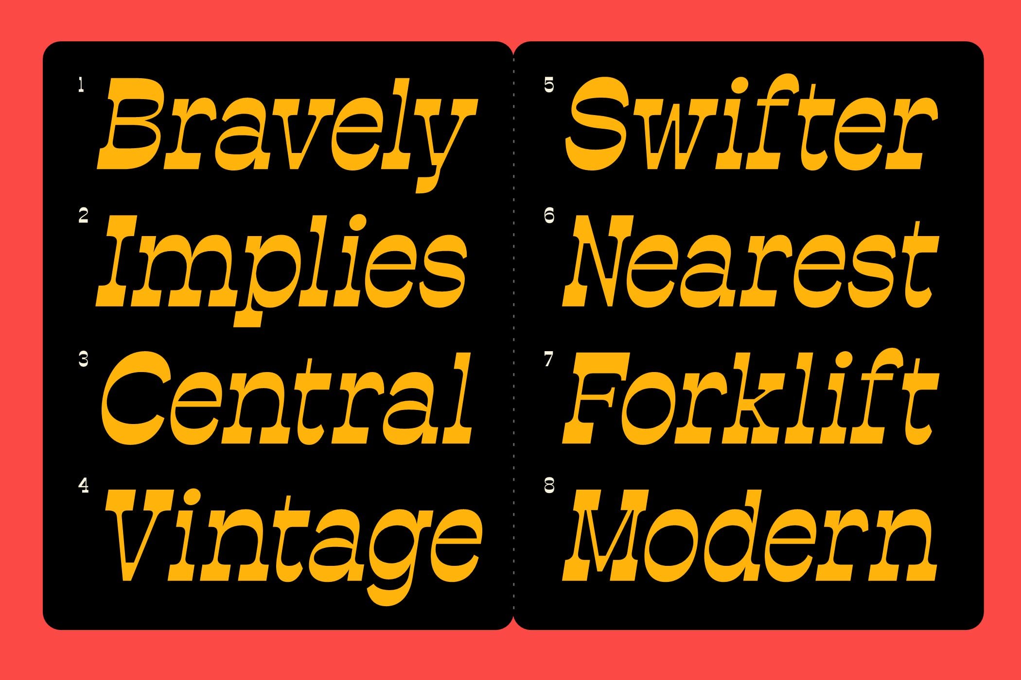 Font pairing guide showing 8 typeface combinations in gold on black cards