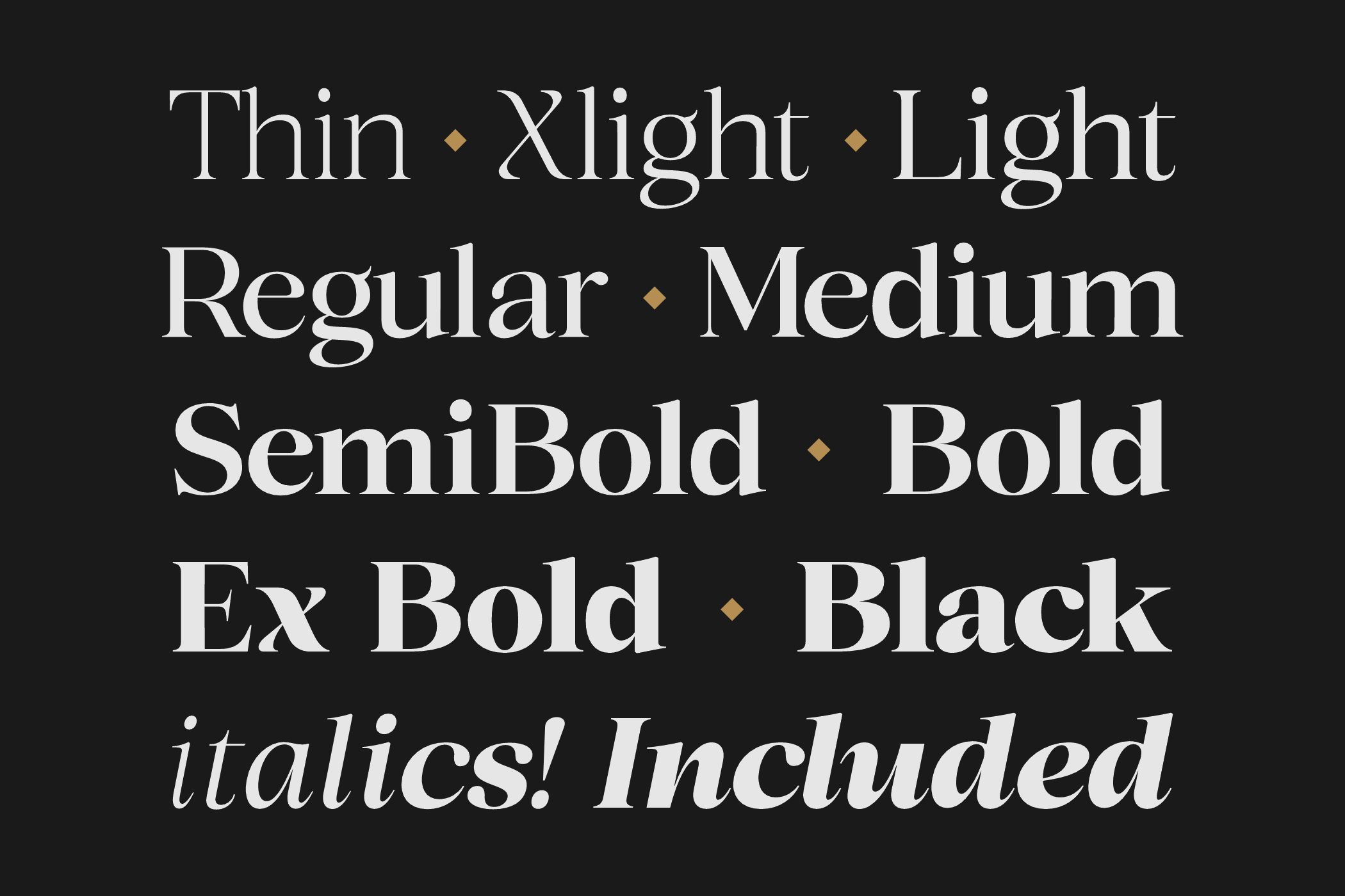 Nostard Serif font family showing 9 weights from thin to black with italics